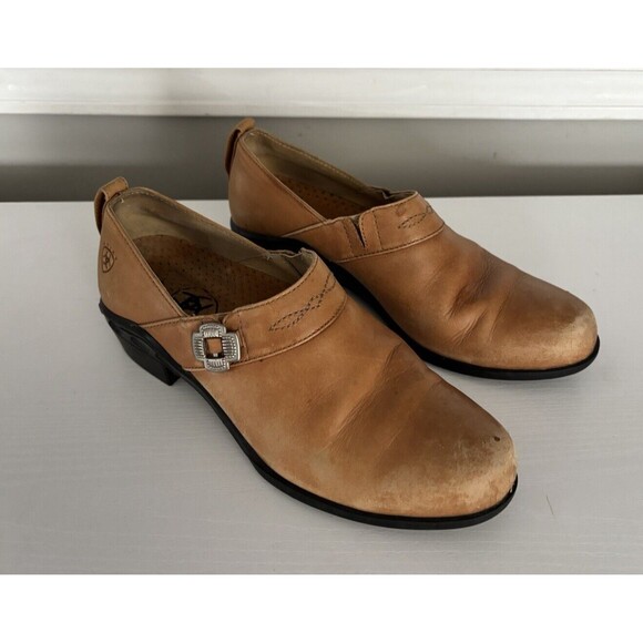 Ariat Women’s Tan Leather Slip On Clogs Heeled Shoes Size 8B Style 52321 - Picture 1 of 9